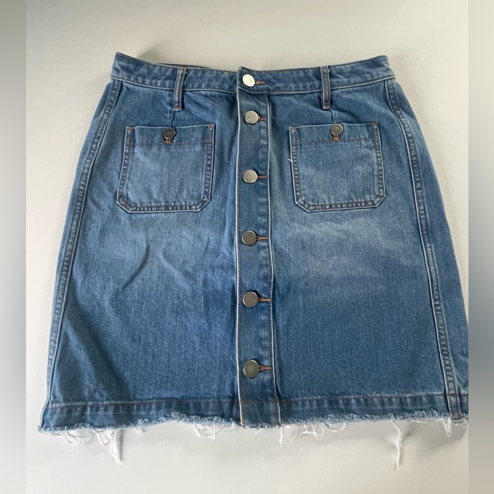 LOFT Ann Taylor Blue Jean Short Denim Skirt Raw Hem Pockets Size 8 New - Picture 8 of 16